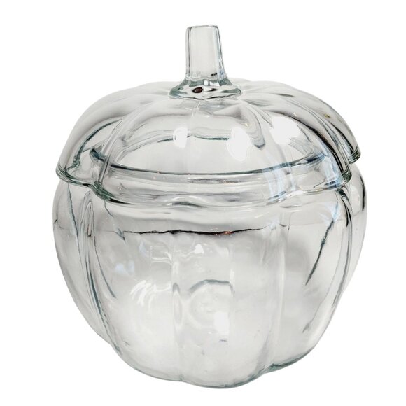 Vintage Anchor Hocking Cookie or Candy Jar Clear Glass Pumpkin Shaped with Lid - Picture 1 of 8